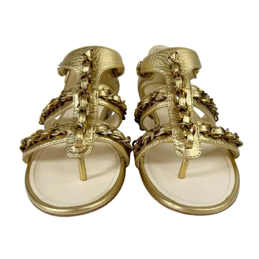 CHANEL Gold Metallic Leather Chain Accent Interlocking CC Flat Sandals